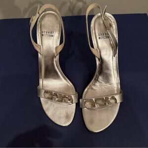 Stuart Weitzman  Metallic Silver Strappy Sandals Heels Shoe barbiecore Size 9N